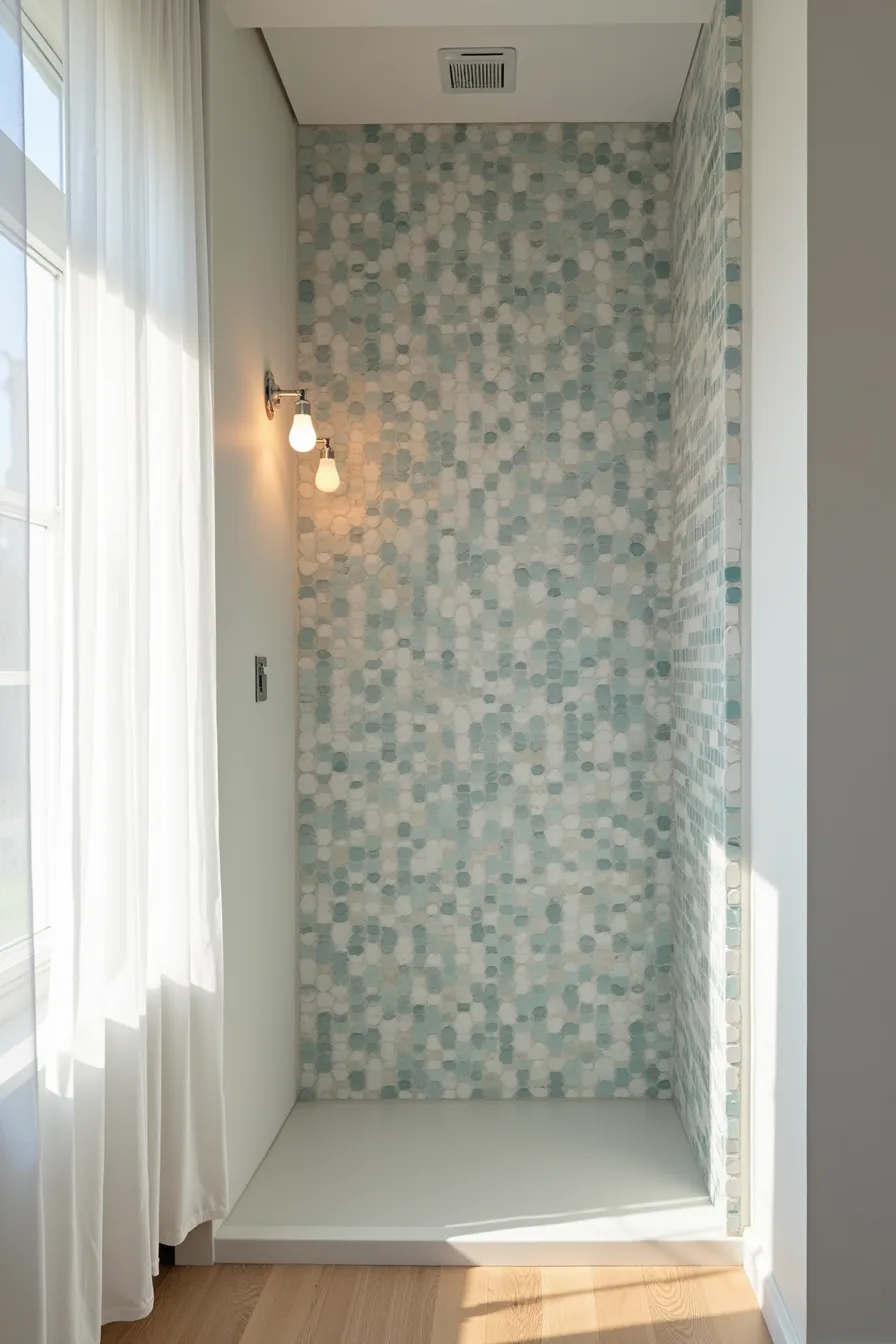 Small mosaic tiles in mixed blues, grays, and whites create an irregular pattern with visible grout lines.