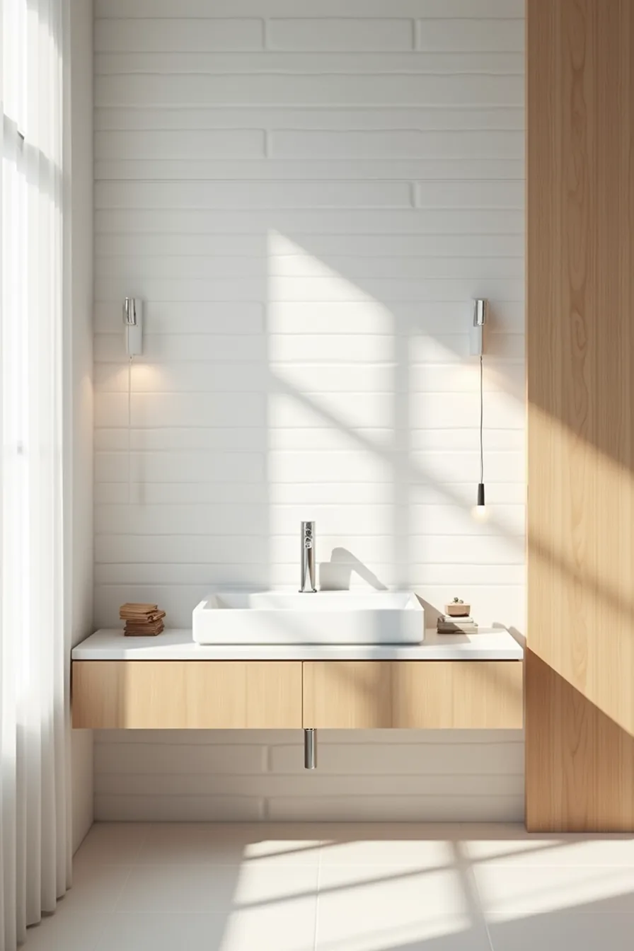 Oversized white tiles in running bond pattern cover the wall above a floating vanity with chrome faucet.