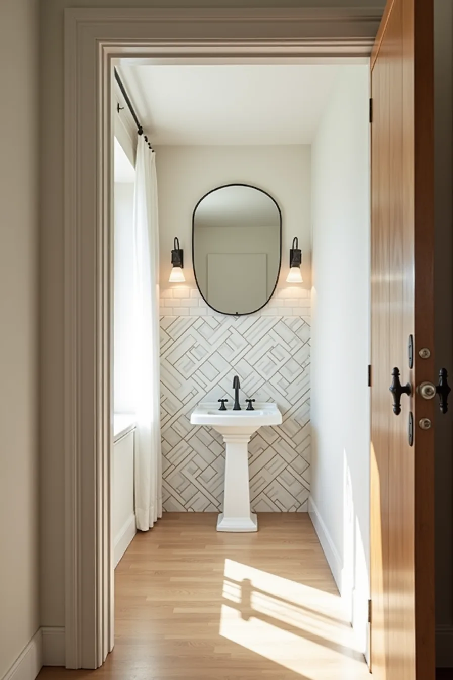 A patterned feature wall with geometric cement tiles contrasts with plain white subway tiles on remaining walls.