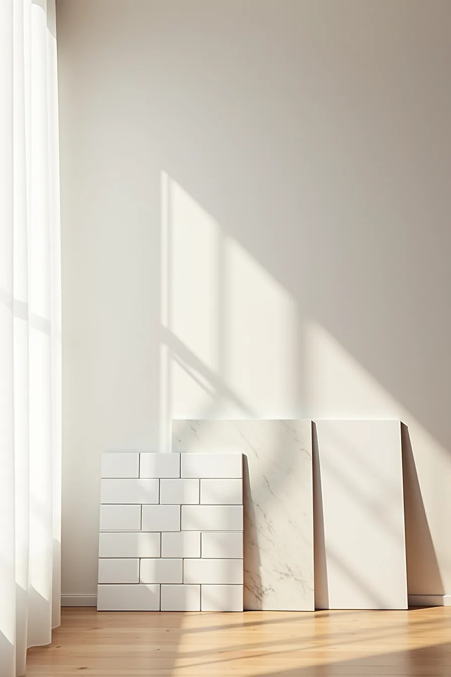 Three tile materials displayed side-by-side: peel-and-stick vinyl, ceramic subway tiles, and premium marble slab.