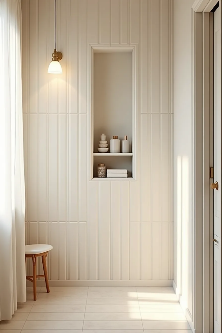 Vertical 4×12 inch tiles with tight grout lines run floor to ceiling, with a recessed shelf mounted within.