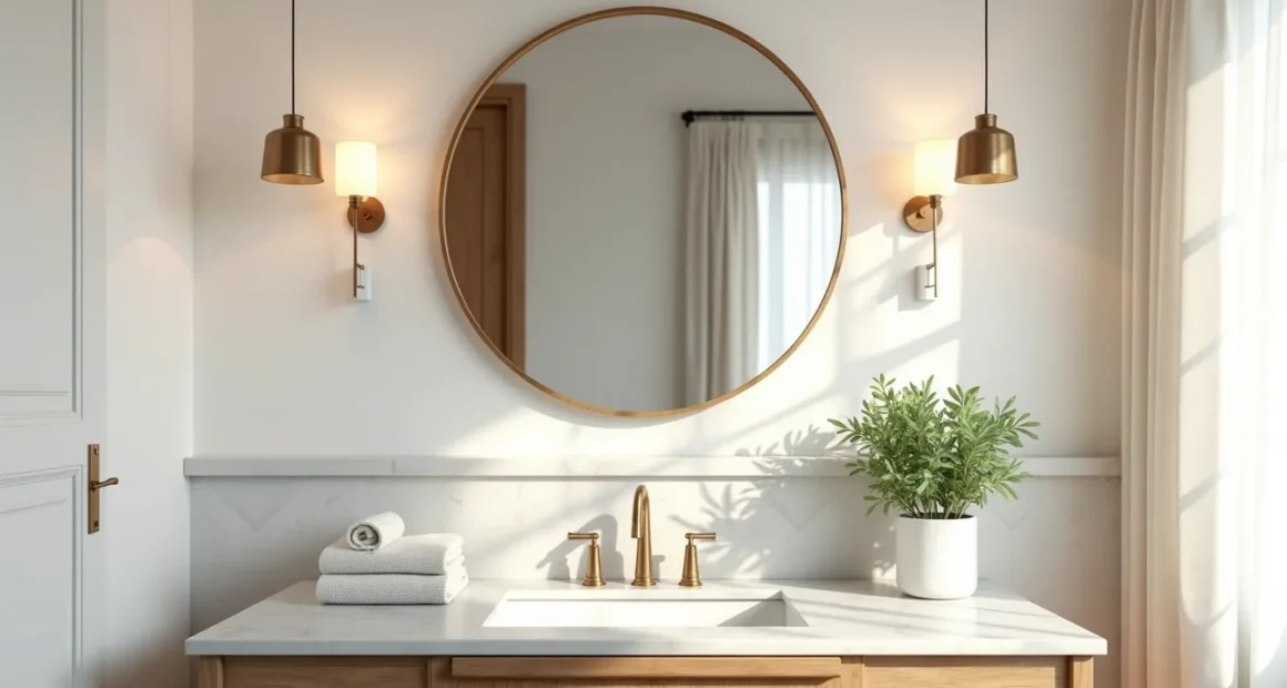 Bathroom vanity with geometric patterned wallpaper behind a round mirror, marble countertop, brass faucet, and potted plant.