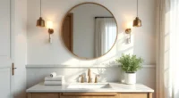 Bathroom vanity with geometric patterned wallpaper behind a round mirror, marble countertop, brass faucet, and potted plant.