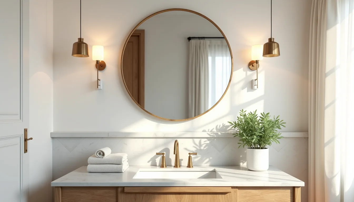 Bathroom vanity with geometric patterned wallpaper behind a round mirror, marble countertop, brass faucet, and potted plant.