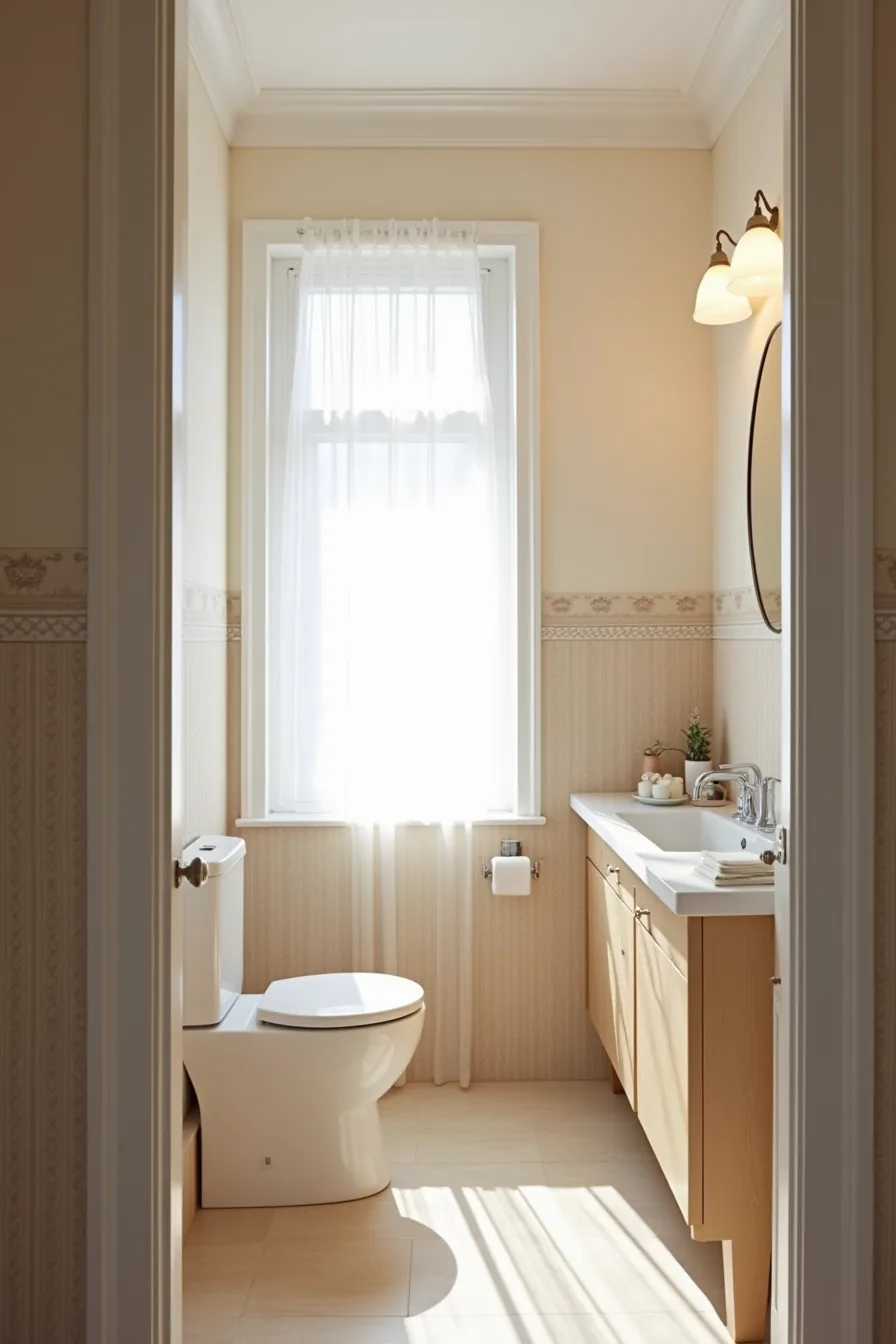 Bathroom with wallpaper on three walls and contrasting accent pattern behind toilet, while sink area remains plain white.