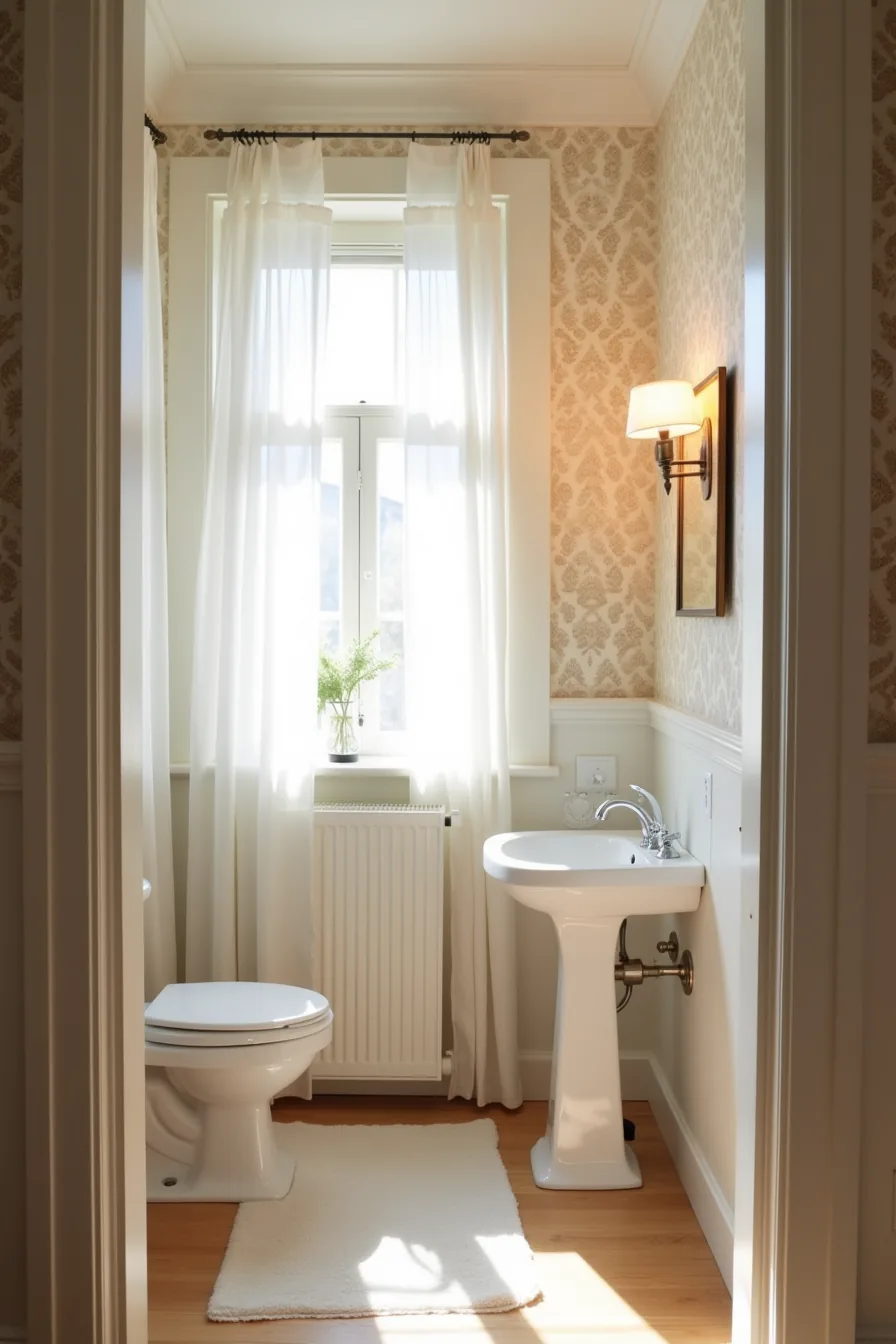 Small bathroom with damask wallpaper, pedestal sink, white subway tile backsplash, and narrow mirror visible from doorway.