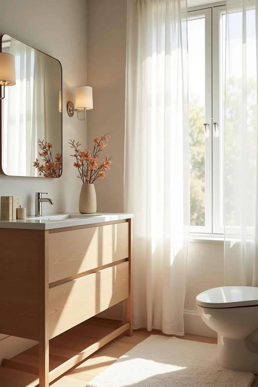 Gray-oak vanity cabinet with warm floral wallpaper sample positioned against it, lit by natural morning light.