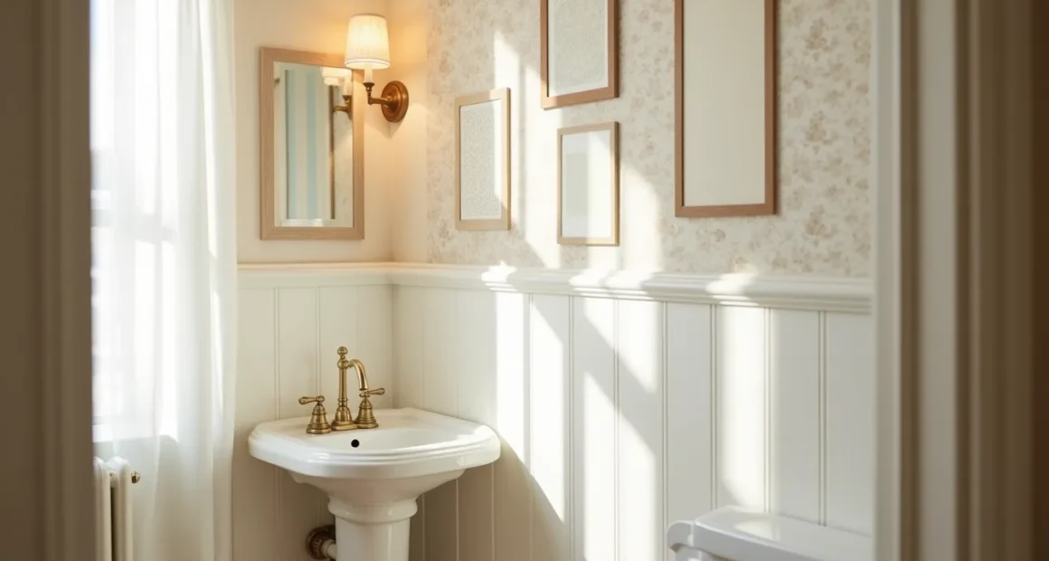 Pedestal sink with brass faucet and four different wallpaper samples taped on wall behind it.