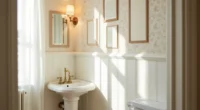 Pedestal sink with brass faucet and four different wallpaper samples taped on wall behind it.
