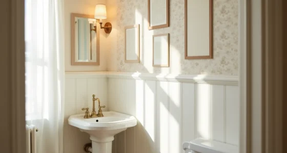 Pedestal sink with brass faucet and four different wallpaper samples taped on wall behind it.