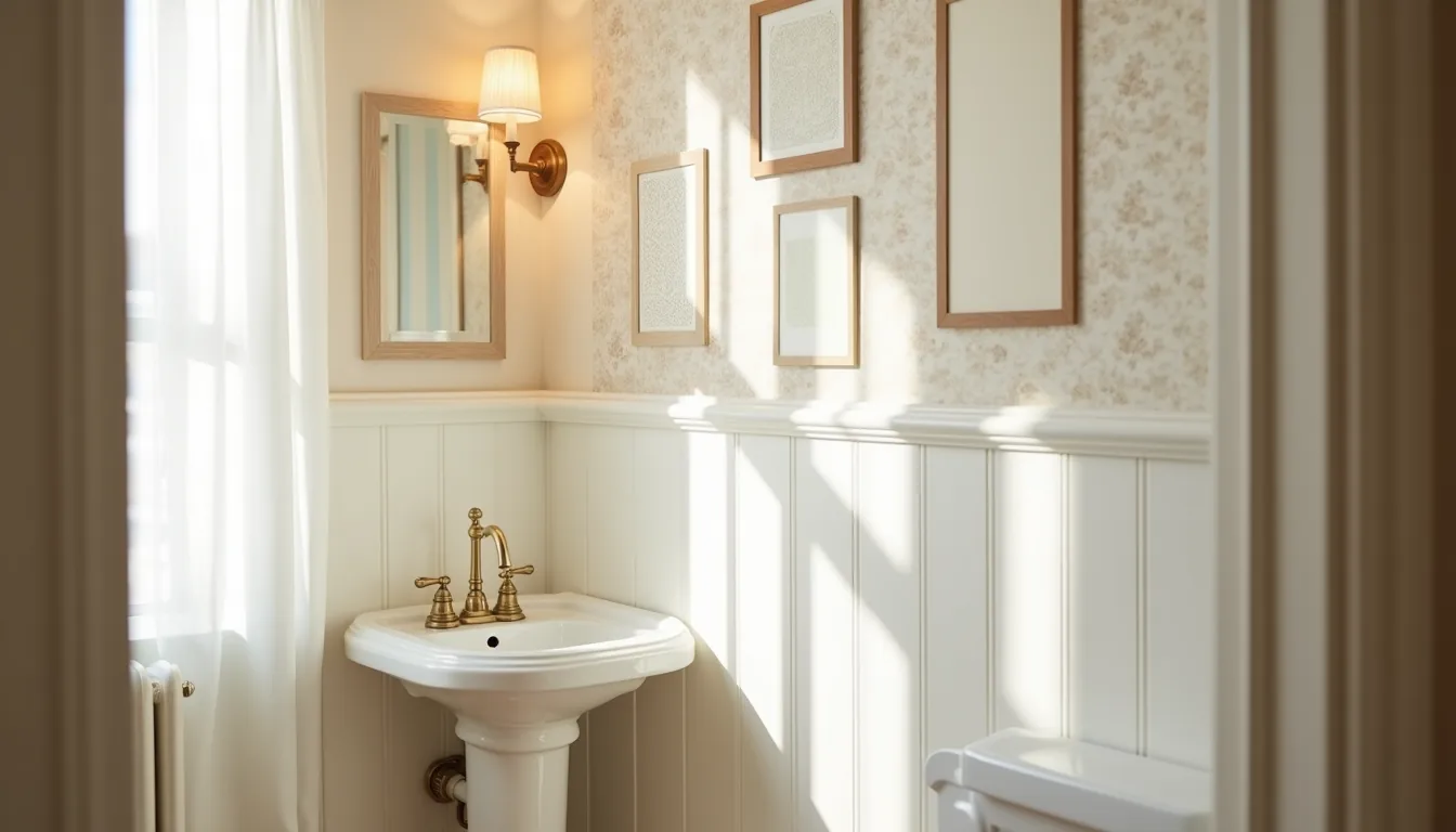 Pedestal sink with brass faucet and four different wallpaper samples taped on wall behind it.