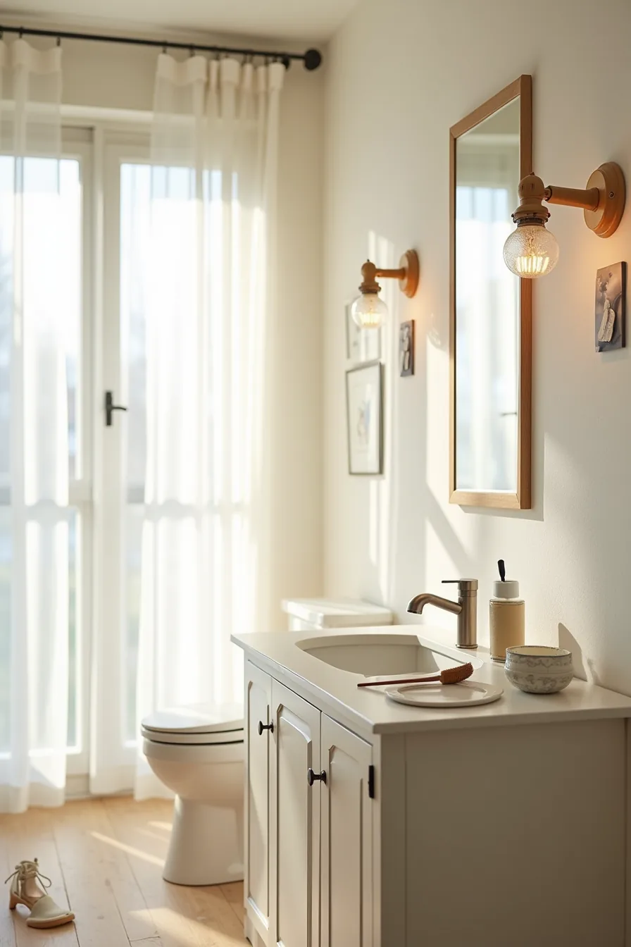 Wallpaper being professionally installed with squeegee, paste bucket, and brush visible, bathroom vanity in background.