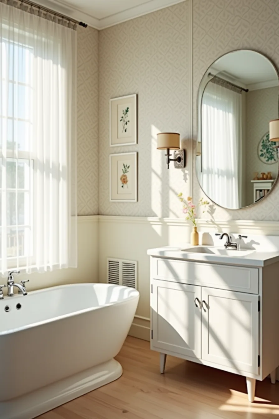 Bathroom wall divided to show vintage geometric wallpaper with chrome fixtures on left and modern botanical wallpaper with