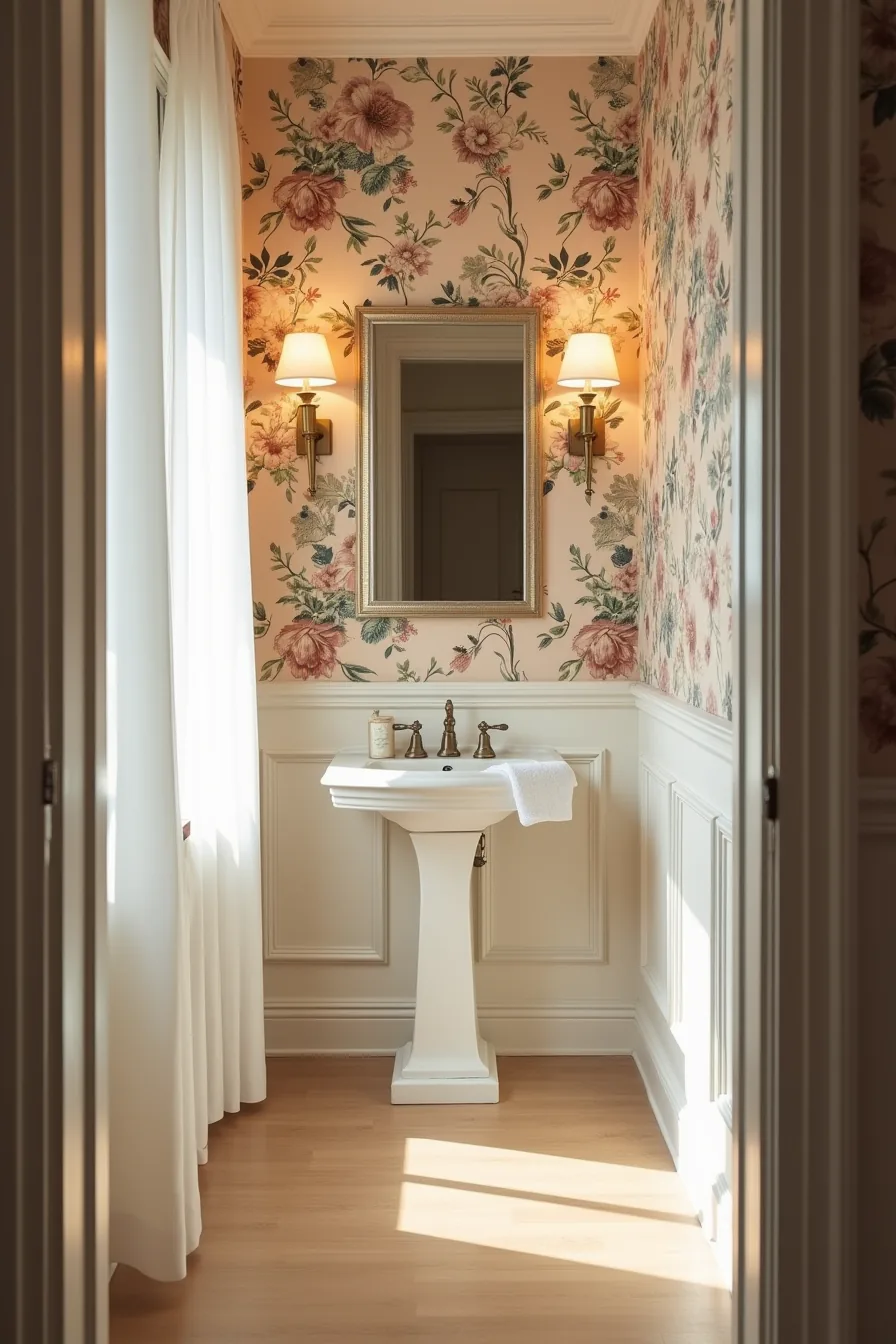 Powder room with jewel-toned floral wallpaper covering all walls, featuring a pedestal sink, wall-mounted mirror, and brass