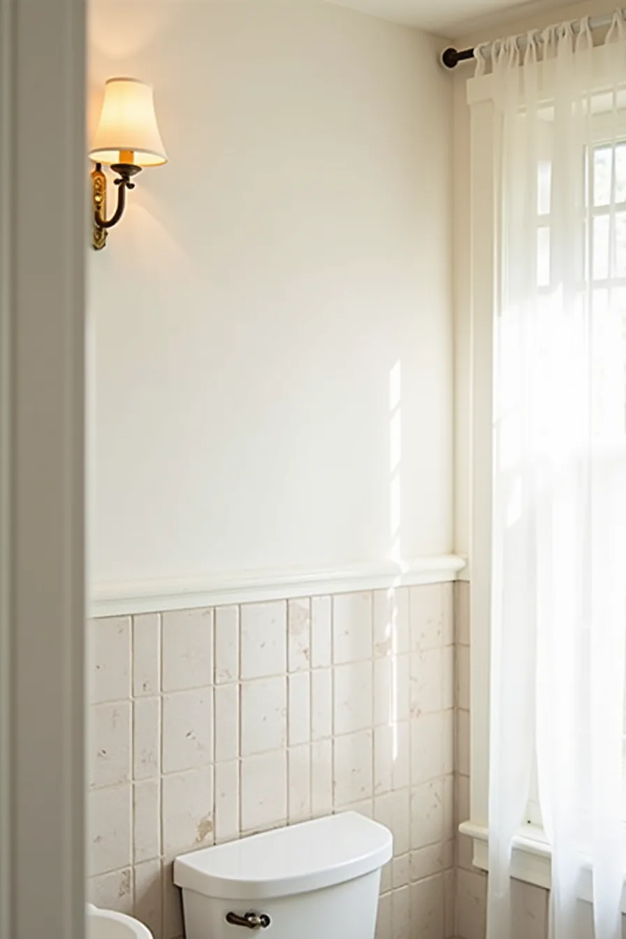 Bathroom wall with peel-and-stick wallpaper on the lower half, a lifted corner showing removability, and white subway tile