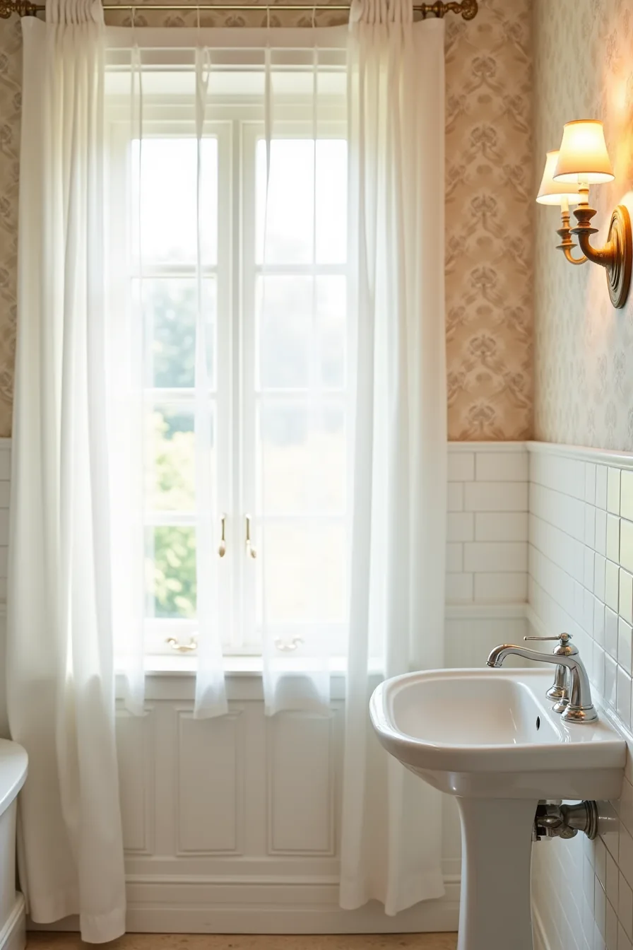 Bathroom wall with white subway tile wainscoting below a chair rail, topped with damask pattern wallpaper, and a pedestal