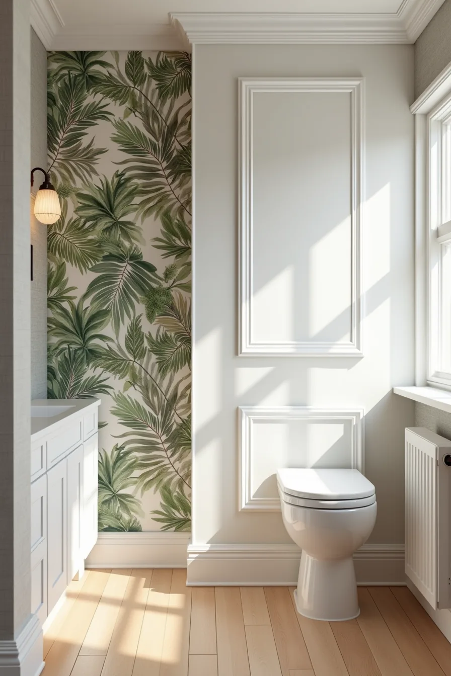 Two adjacent bathroom walls: one with large-scale tropical leaf wallpaper in jewel tones, the other with fine linen texture
