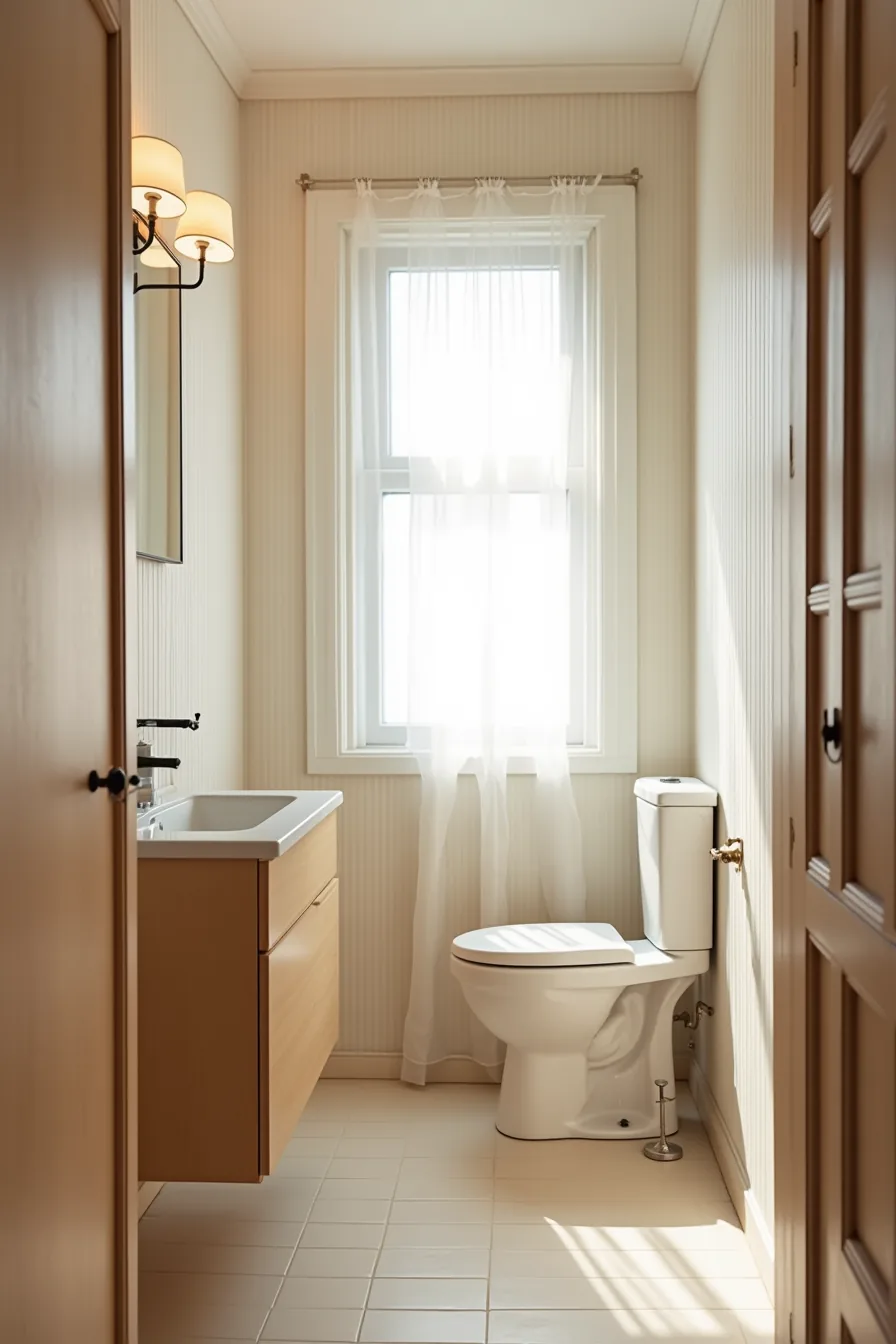 Narrow bathroom with vertical striped wallpaper, a single window with natural light, compact vanity, and toilet in tight