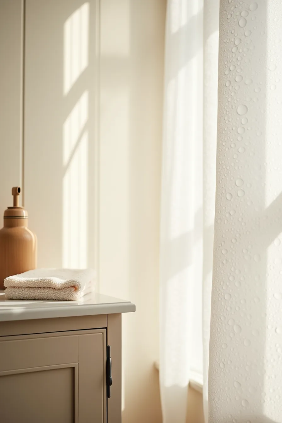 Water droplets beading on vinyl wallpaper surface with an exhaust vent grille visible, a soft brush, and microfiber cloth