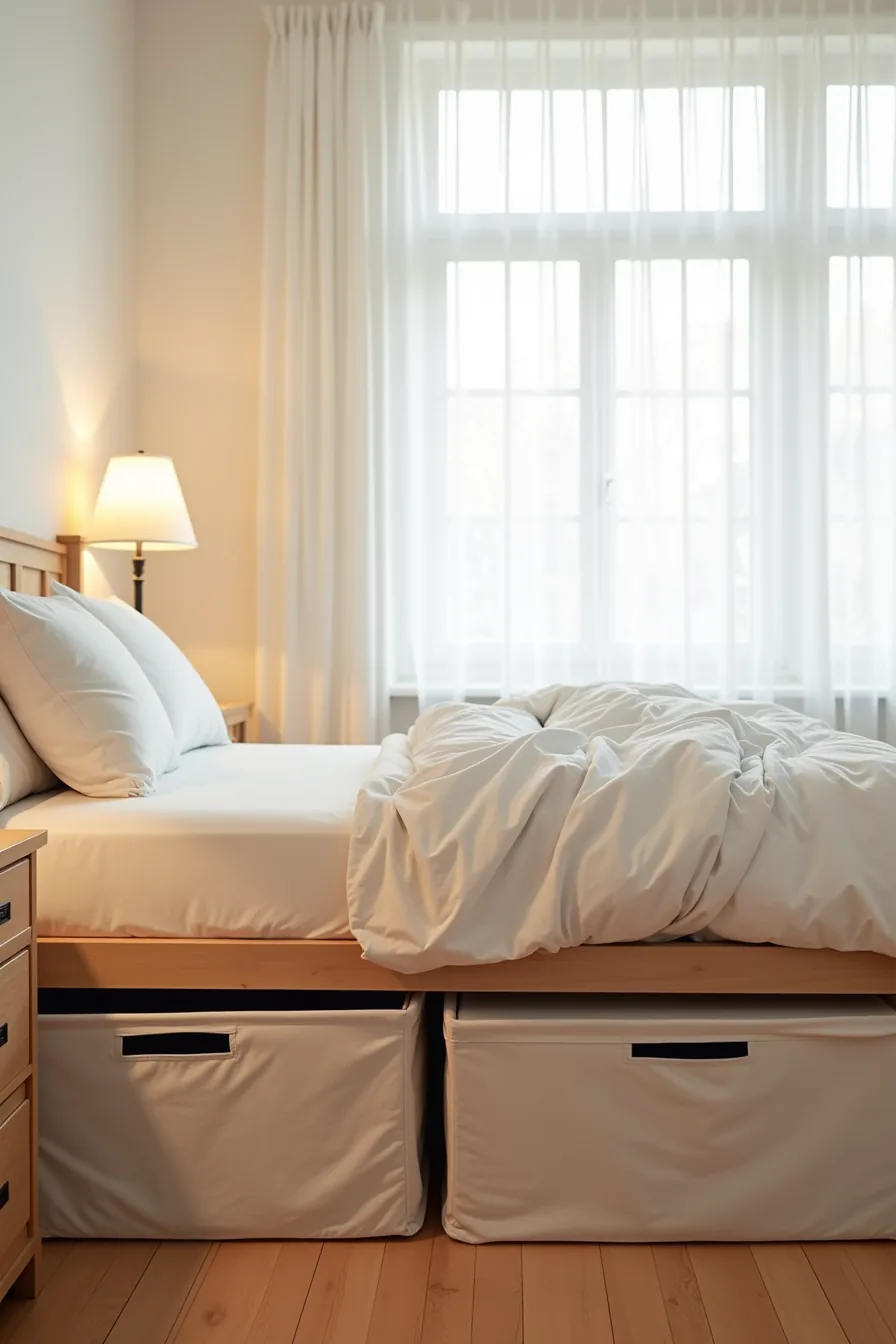 Bed with storage pocket skirt and two rolling containers underneath, one partially pulled out, on hardwood flooring.