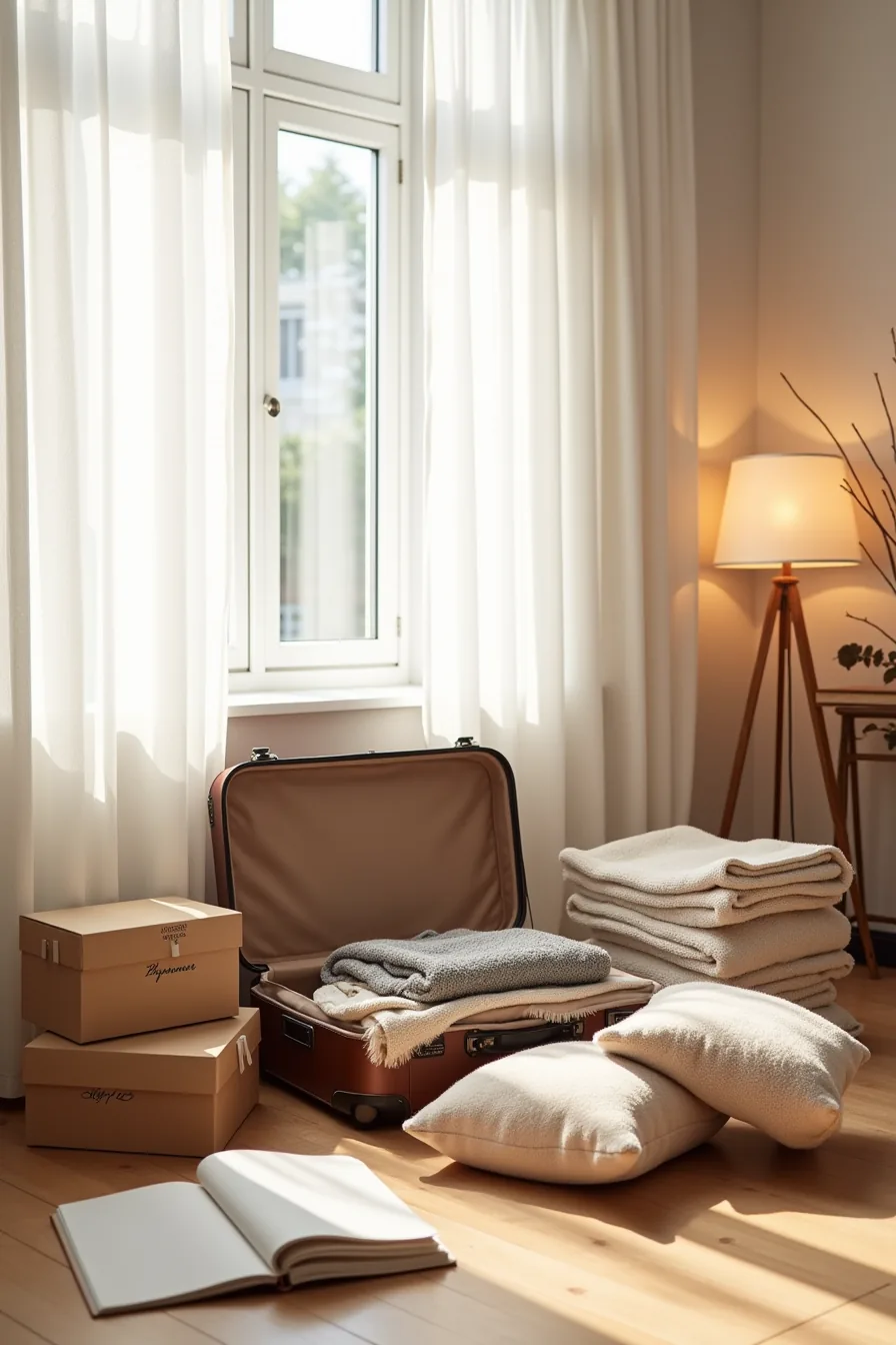 Bedroom inventory laid out on wood flooring: suitcase, sweaters, shoe boxes, blankets, pillows, and a notepad with
