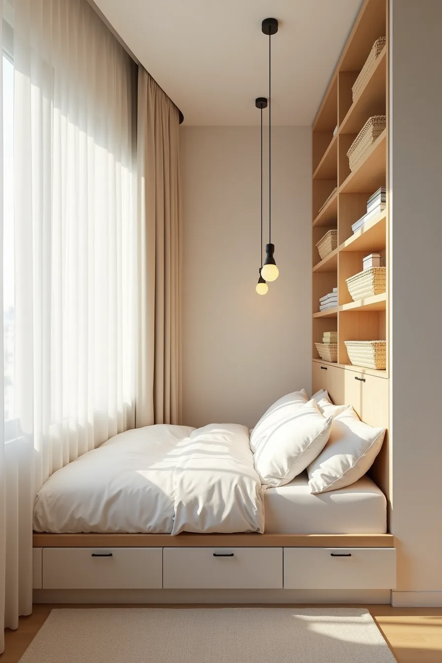 Low platform bed with built-in cubby shelving along headboard, displaying woven baskets and stored items in tight corner