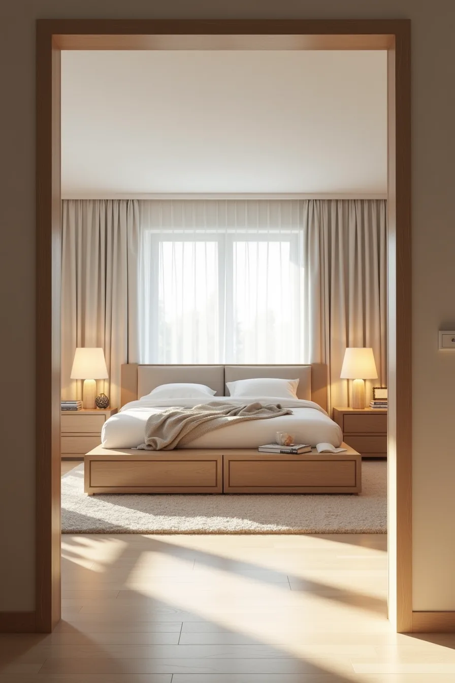 King-size bed with storage drawers on both sides, dresser across room, and open floor space viewed from bedroom entrance.
