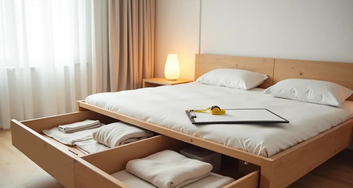 Platform bed with open storage drawers displaying folded linens and boxes, with measuring tape and clipboard on the mattress.