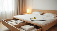 Platform bed with open storage drawers displaying folded linens and boxes, with measuring tape and clipboard on the mattress.