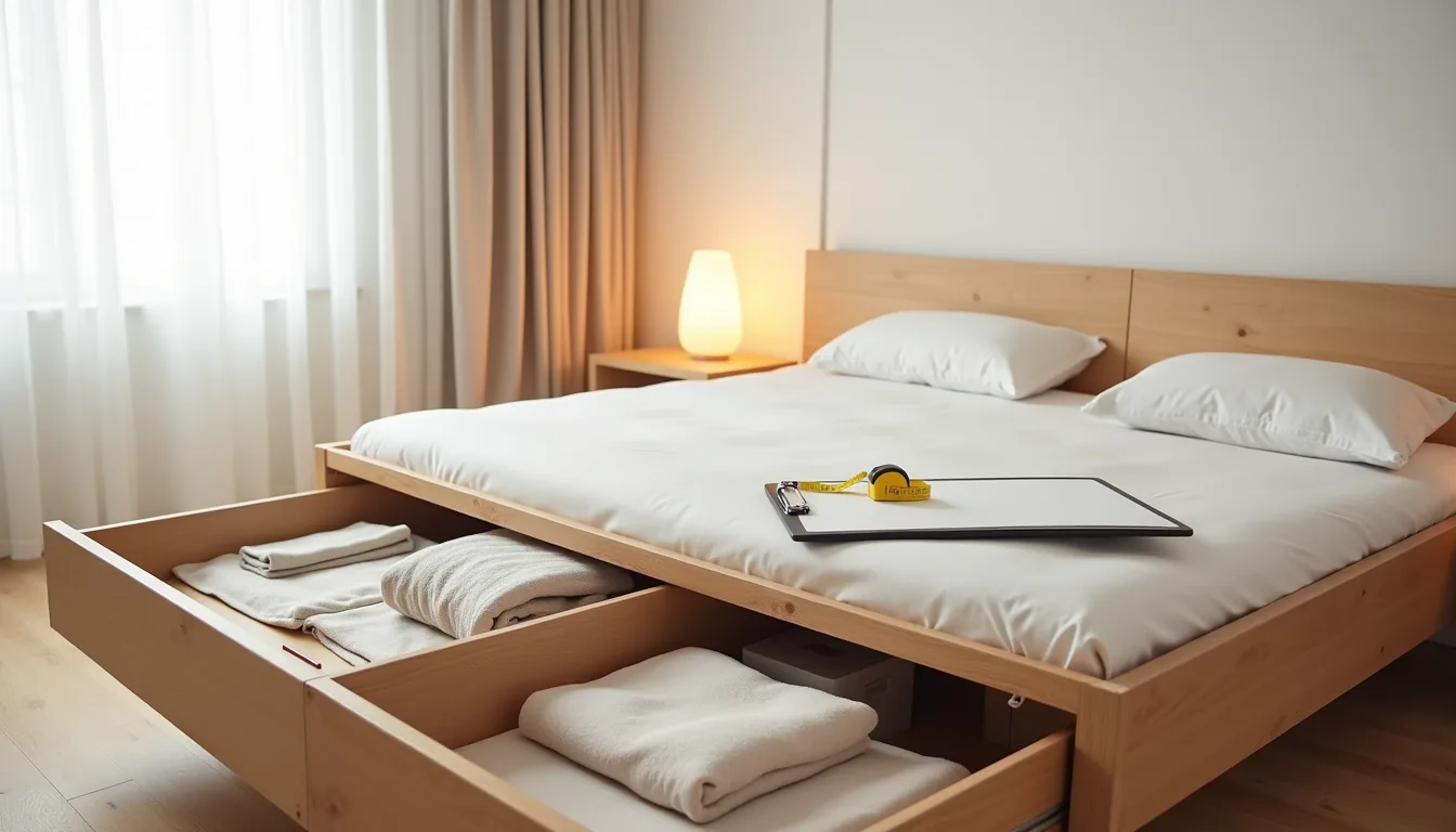 Platform bed with open storage drawers displaying folded linens and boxes, with measuring tape and clipboard on the mattress.