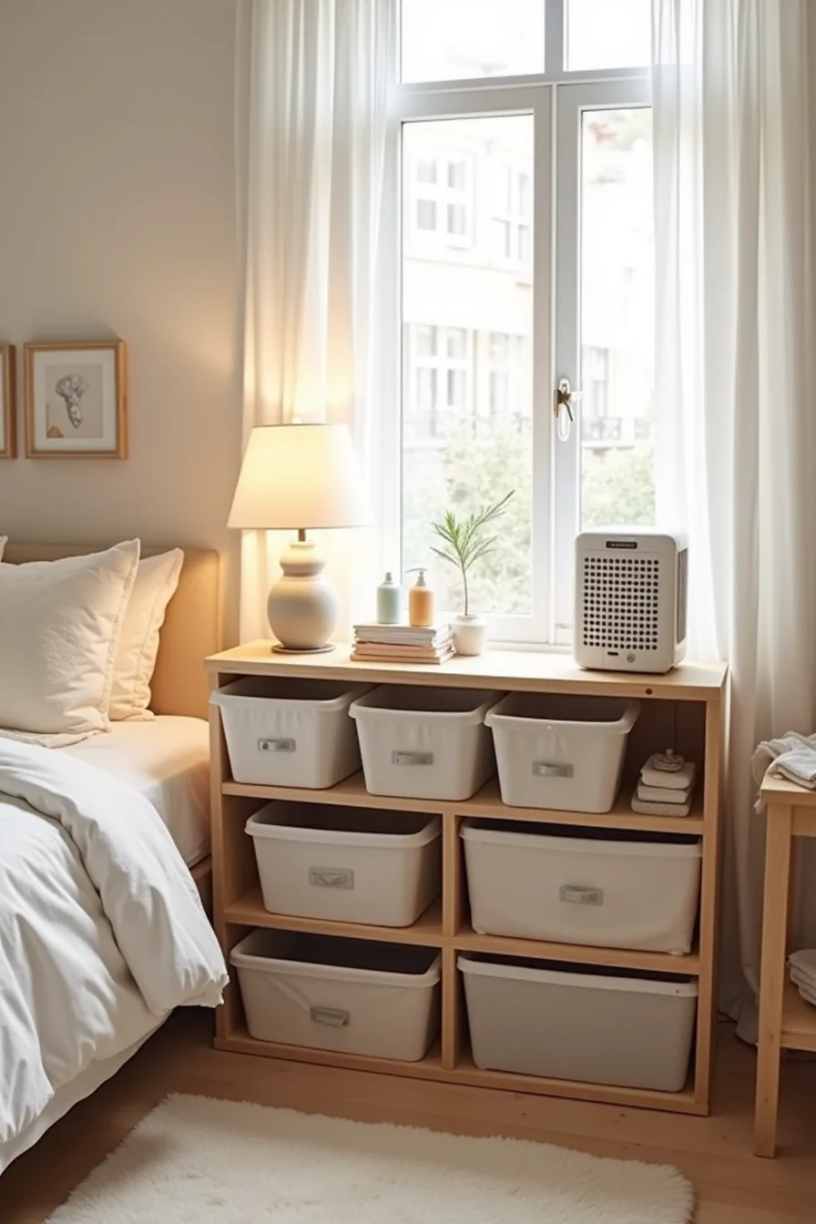 Under-bed storage organized with plastic bins, fabric containers, wooden boxes, a dehumidifier, and cleaning supplies in