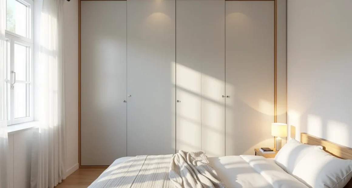 Soft gray floor-to-ceiling wardrobe doors installed across an entire bedroom wall beside a simple bed frame.