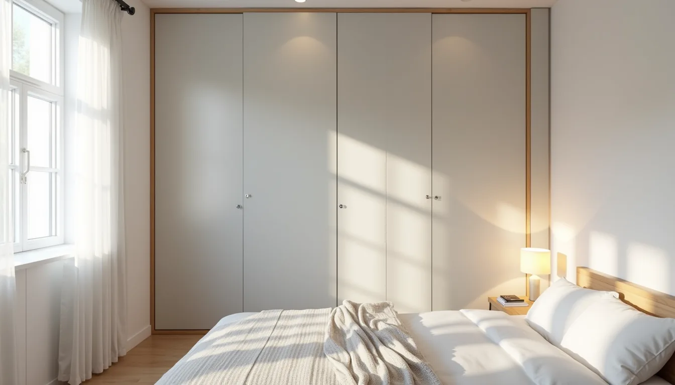 Soft gray floor-to-ceiling wardrobe doors installed across an entire bedroom wall beside a simple bed frame.