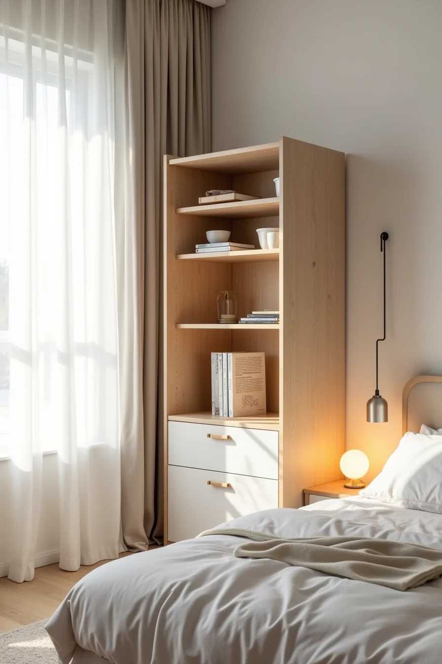 Freestanding modular tall cabinet with removable back panels and adjustable shelves demonstrates flexible storage