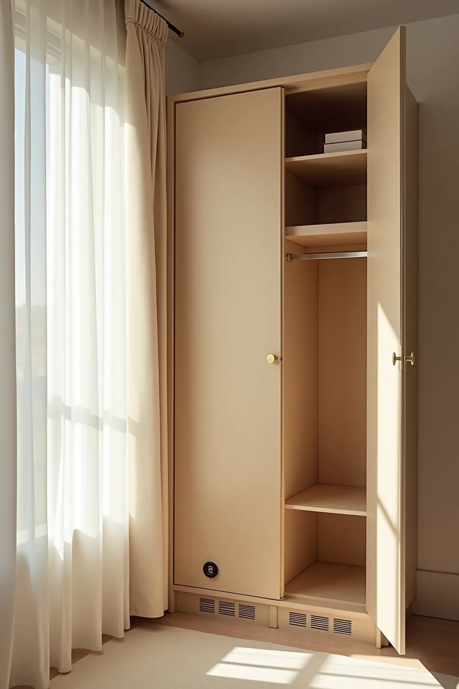 Open wardrobe interior reveals hinged doors, ventilation gaps at the base, and a humidity gauge for climate control.