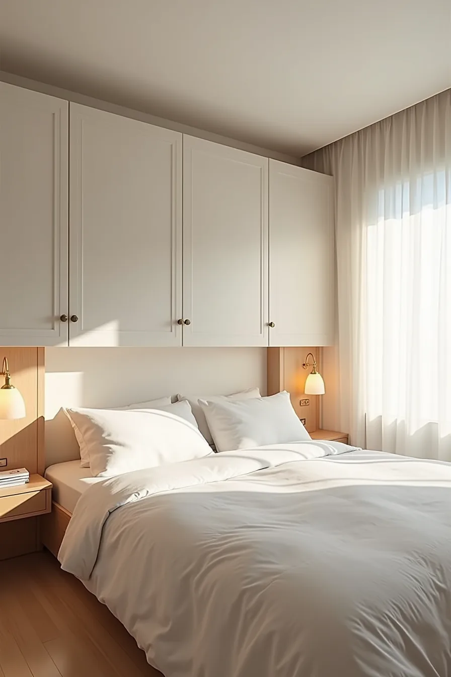 Built-in wardrobe storage spans horizontally above the bed headboard at ceiling height with flanking nightstands below.