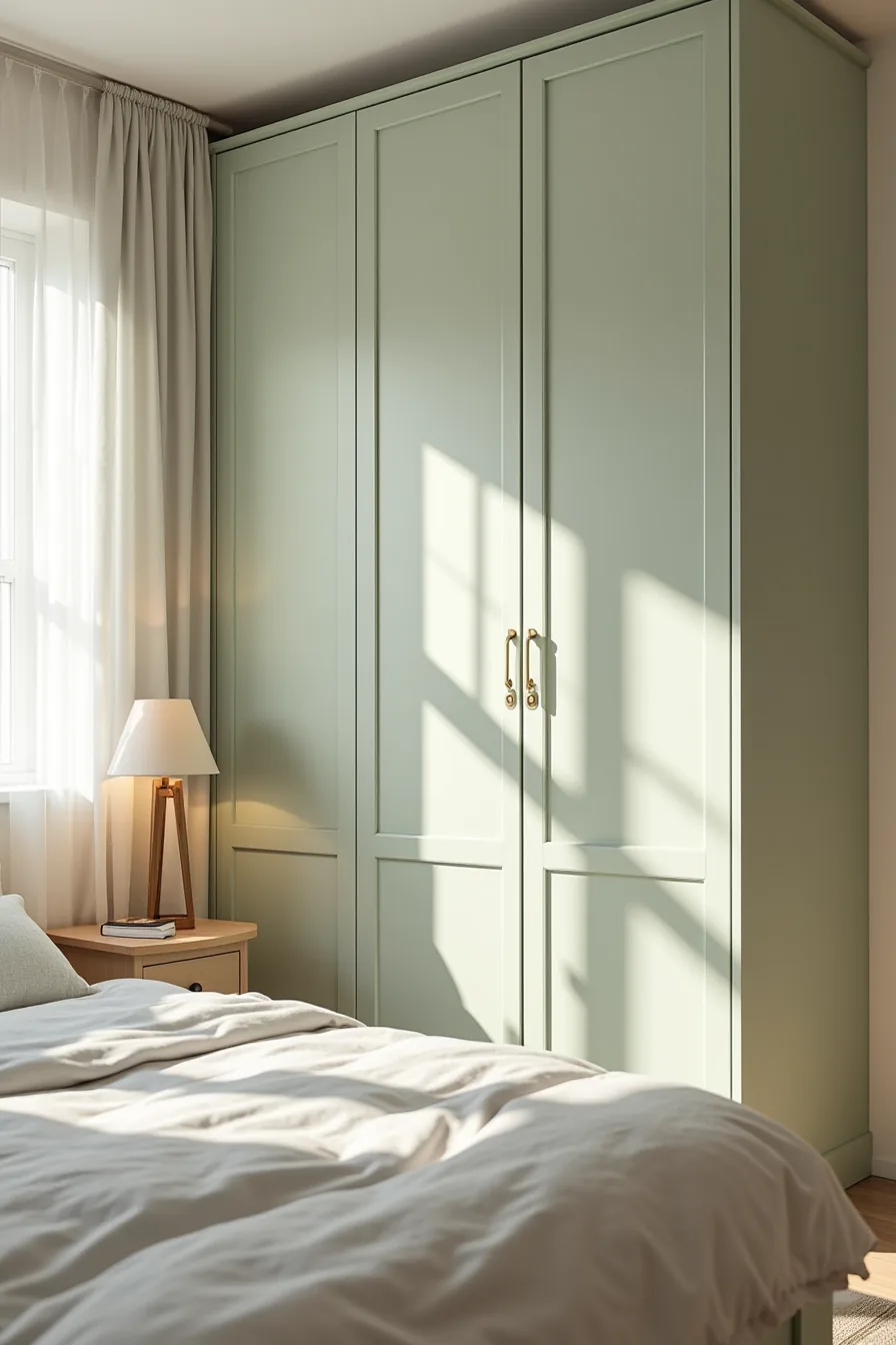 Soft sage green wardrobe doors match the wall color in a bedroom with a bed positioned opposite.