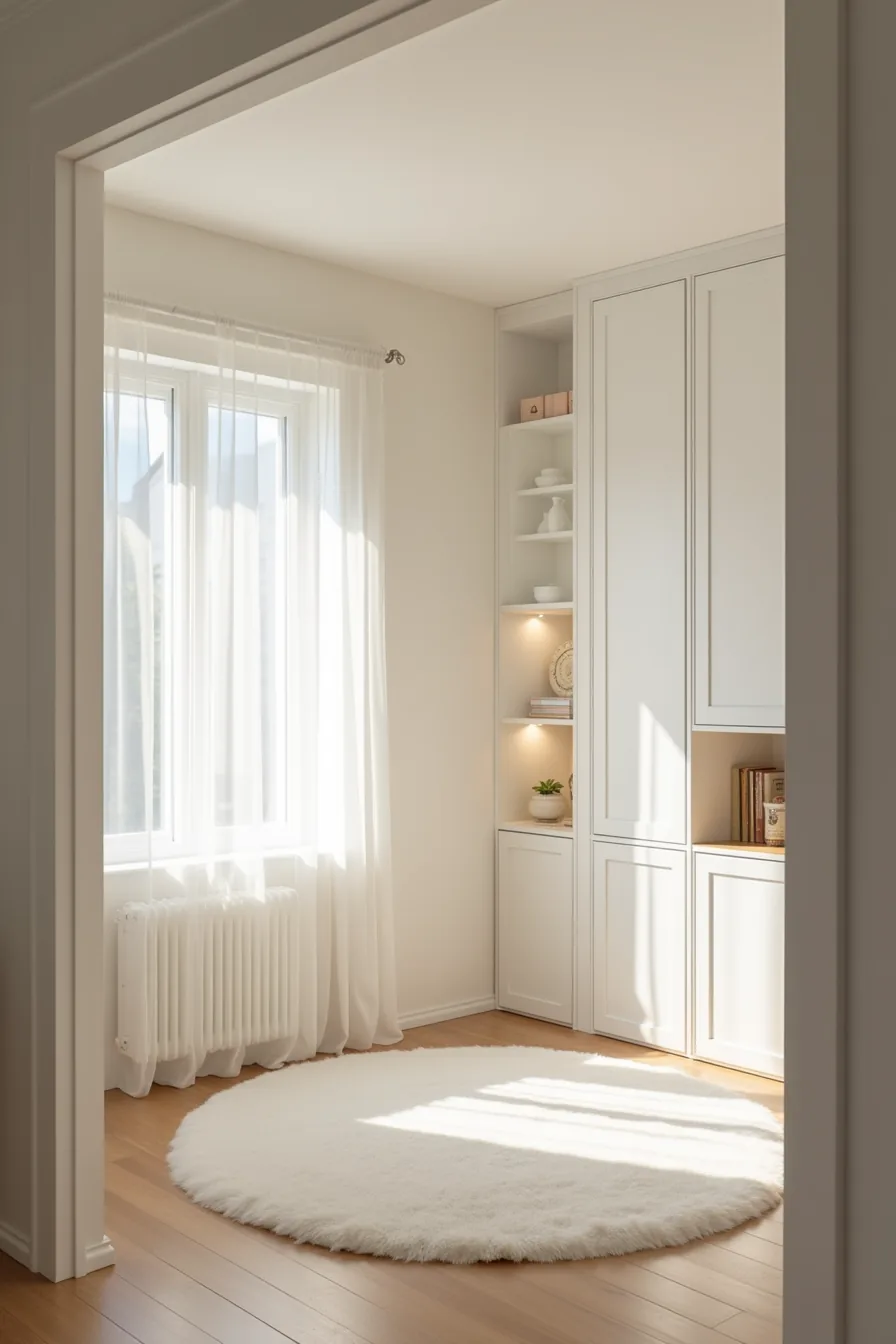 White built-in cabinetry spans floor to ceiling across an entire bedroom wall with shelving visible inside and a window