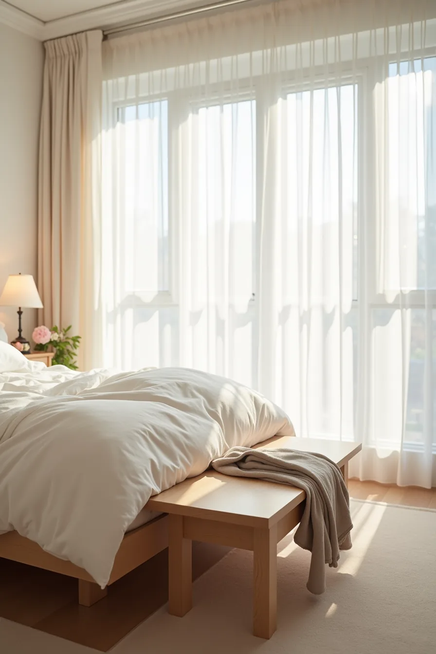Open-frame wooden bench at the foot of a bed with a folded linen throw.