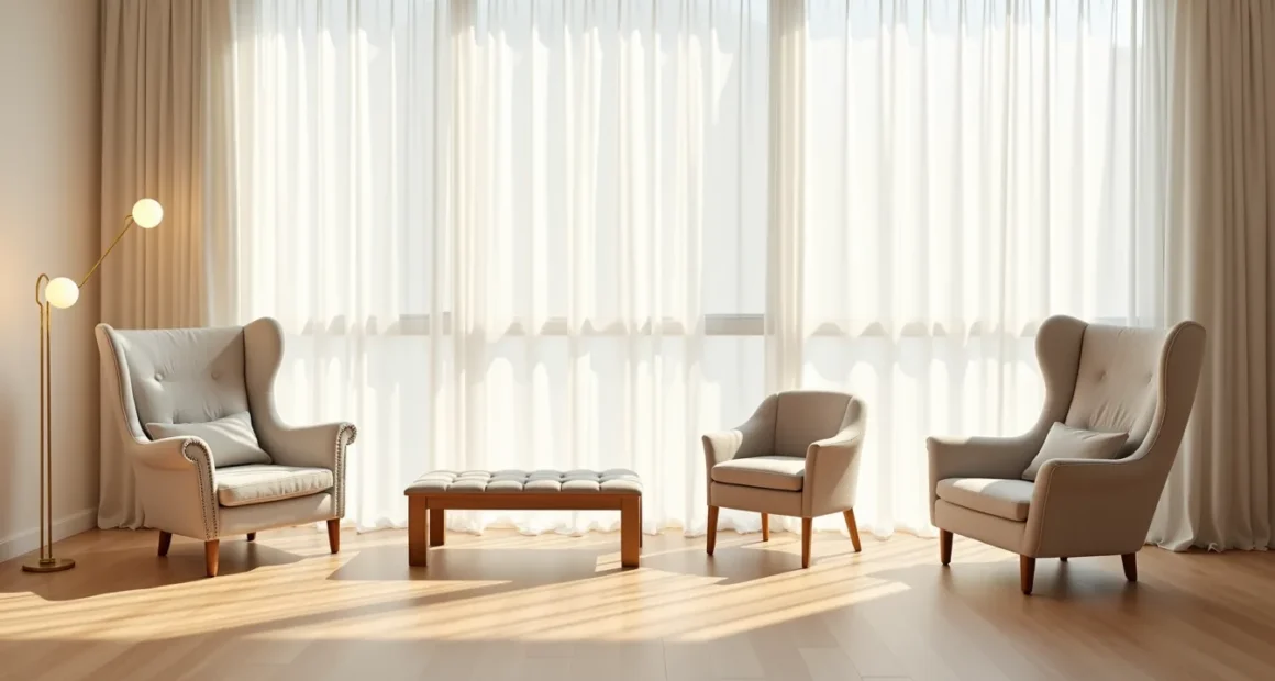 Four different chair styles arranged in a grid on various flooring samples in a bedroom corner.
