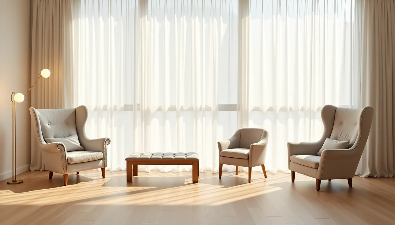 Four different chair styles arranged in a grid on various flooring samples in a bedroom corner.