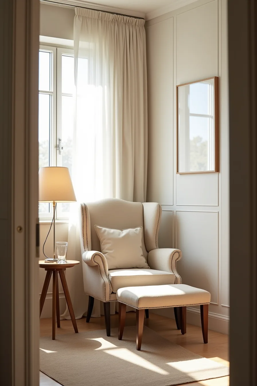 Wingback reading chair in a corner nook with side table and footstool near a bedroom window.