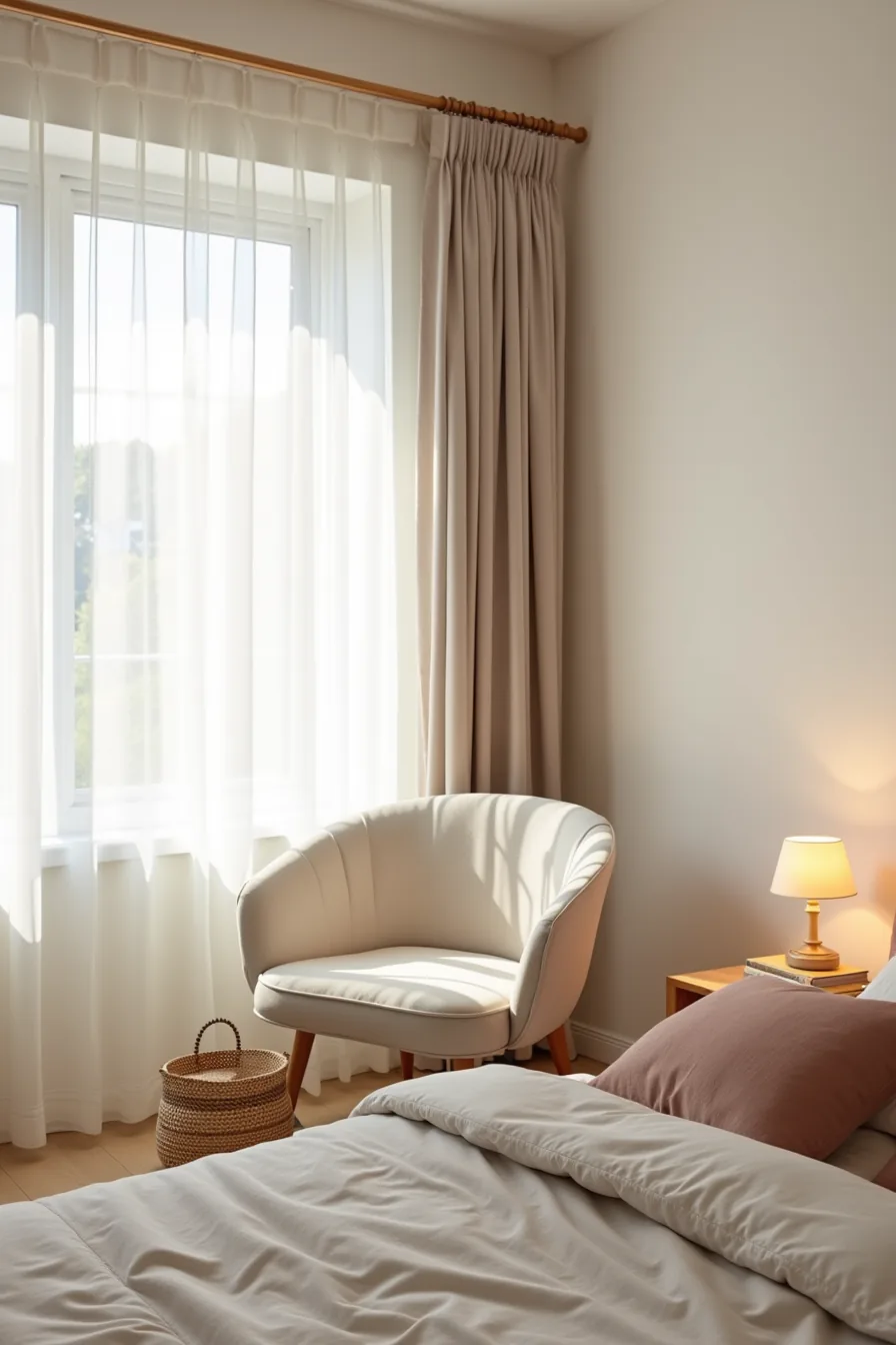 Curved upholstered accent chair in a bedroom corner with side table and woven basket.