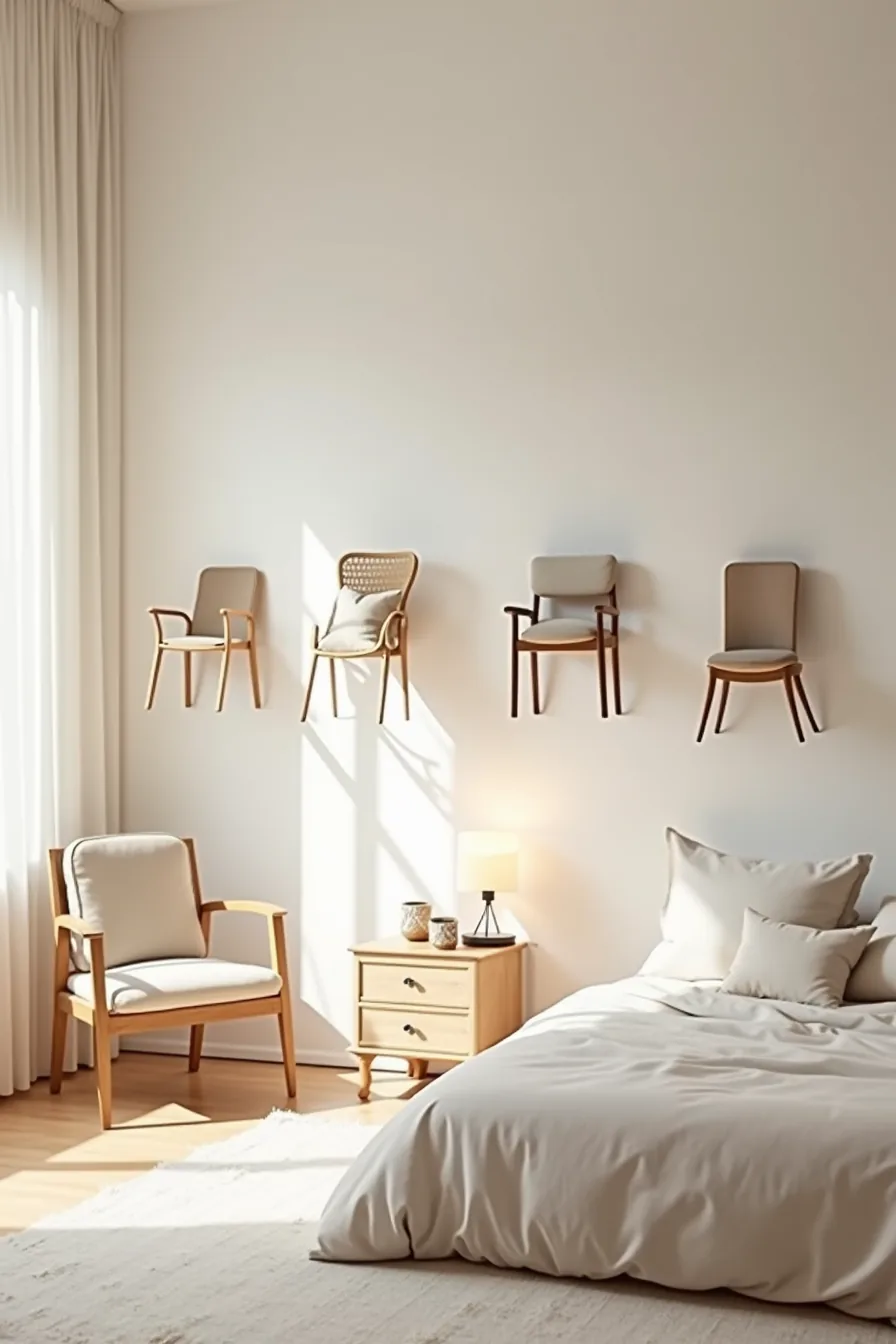 Five functional chair styles displayed at different heights on a bedroom wall.