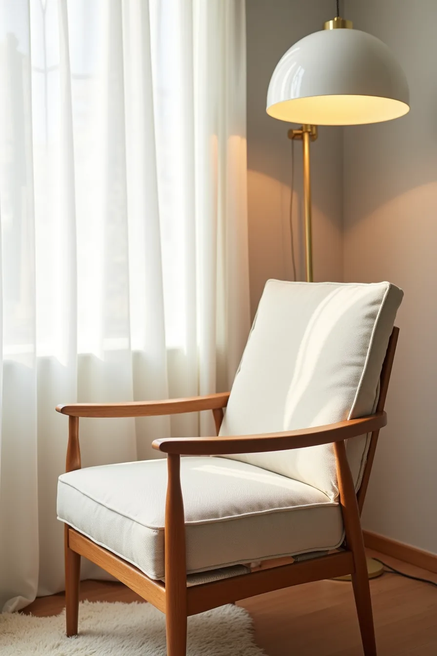 Close-up of chair construction details including wooden frame joints, brass ferrules, and suspension webbing.