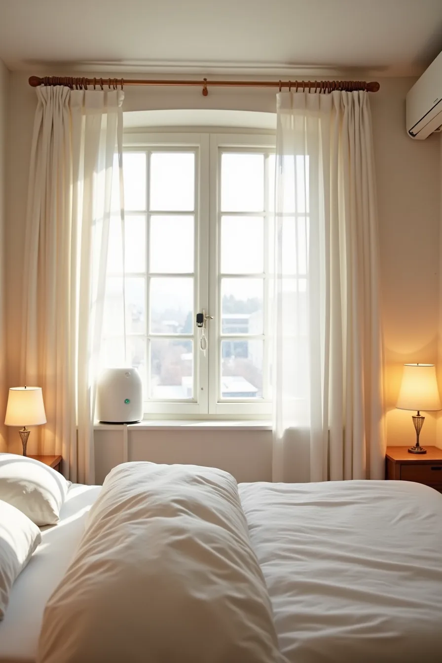 Window with blackout curtains partially closed, humidifier on the sill releasing vapor, and ceiling vent visible.
