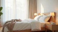 Overhead view of a made bed with layered bedding, wooden nightstand with lamp and water glass, and throw blanket on the