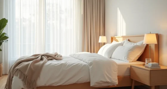 Overhead view of a made bed with layered bedding, wooden nightstand with lamp and water glass, and throw blanket on the