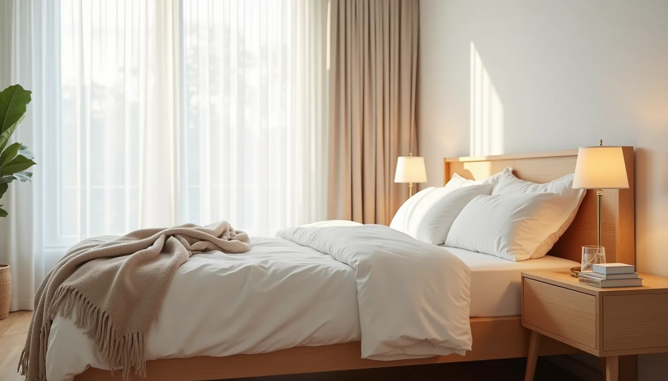 Overhead view of a made bed with layered bedding, wooden nightstand with lamp and water glass, and throw blanket on the