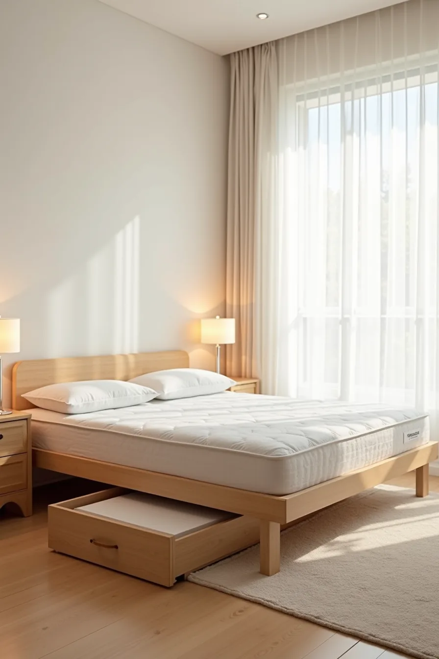 Platform bed frame corner with mattress, wooden slats, and a storage container partially extended underneath.